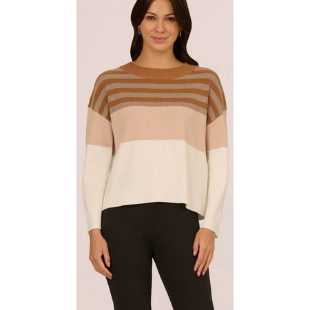 Adrianna Papell CAMEL Women's Drop Shoulder Boat Neck Block Sweater, US Medium