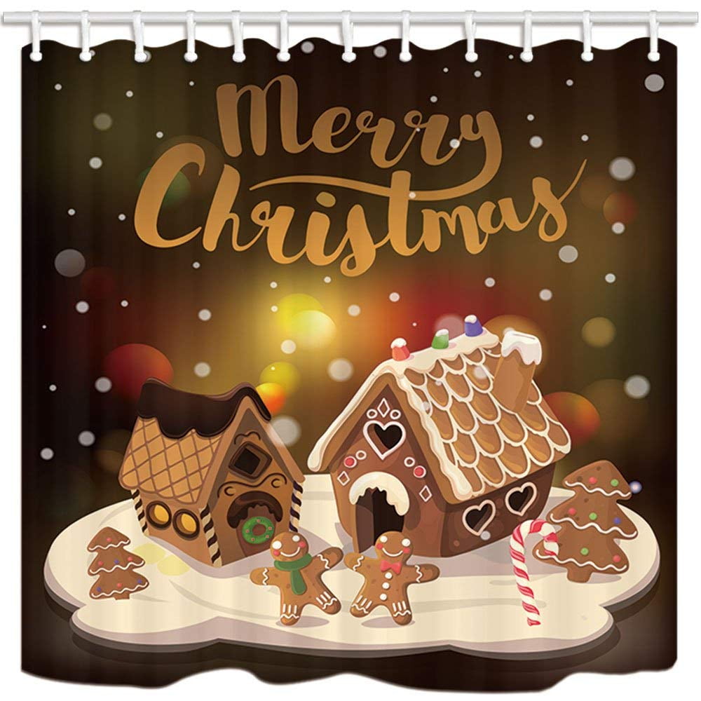Libin Christmas Decor Gingerbread Man with Houses Candy in Snow Polyester Fabric Bathroom Shower Curtain 66x72 inches