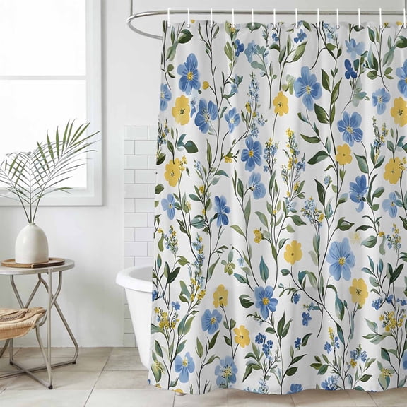 Blue Yellow Floral Spring Waterproof Fabric Shower Curtain,Summer Botanical Pastoral Green Waterproof Fabric Shower Curtain for Bathroom Curtains Bathtubs Shower Curtains with 12 Hooks Long 72x78in