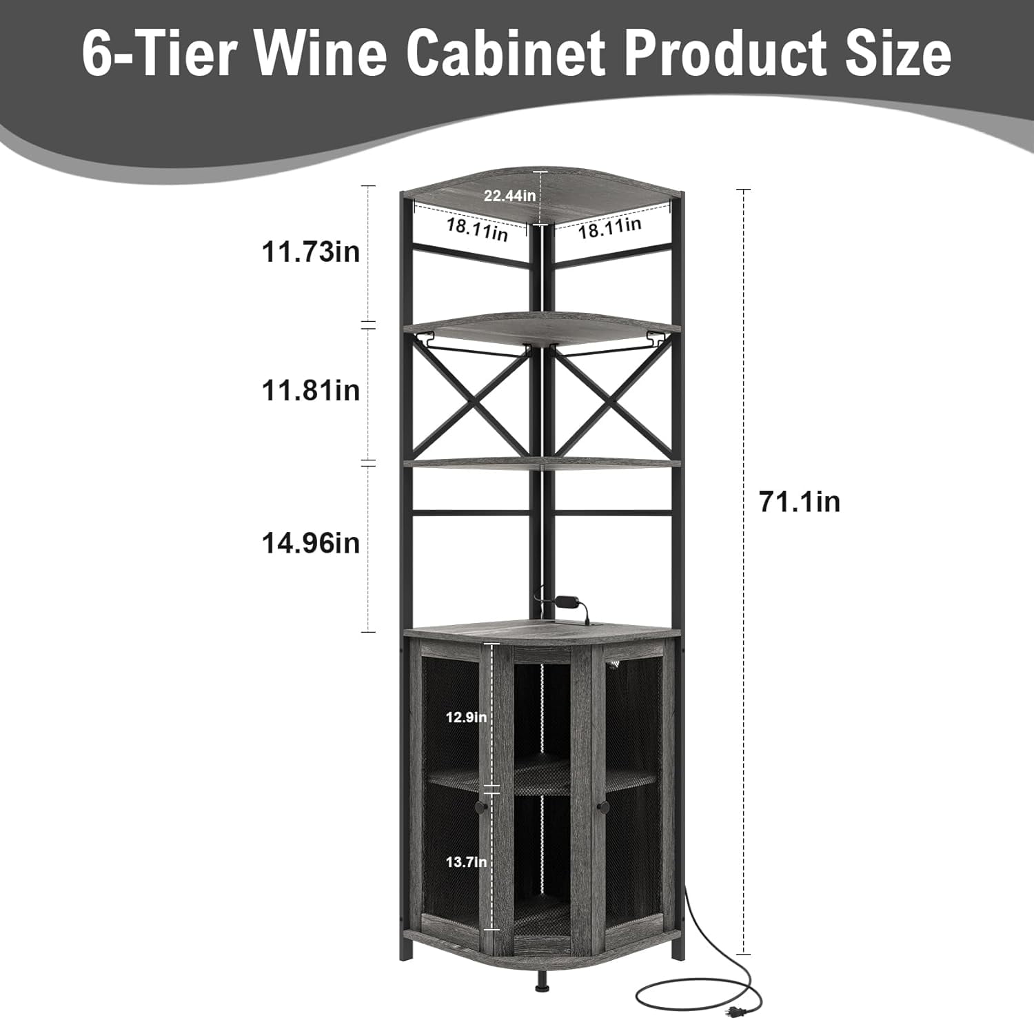 Frmobepts Corner Bar Cabinet with Power Outlet, 6-Tiers Industrial Wine Cabinet with LED Strip and Glass Holder for Living Room, Kitchen, Grey