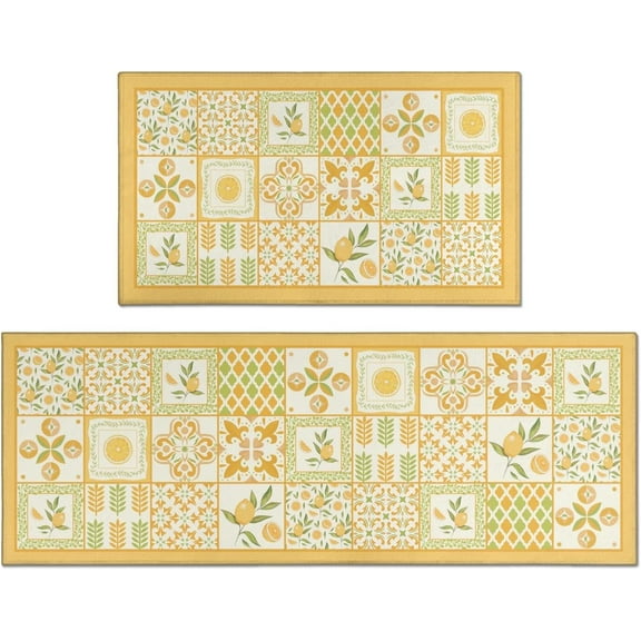 Lemon Yellow Boho Kitchen Mats for Floor Set of 2, Leaves Geometric Abstract Kitchen Floor Mat Runner Carpet 0range Lemon Yellow Decor and Accessories for Kitchen Home, 17x30 and 17x47 Inches