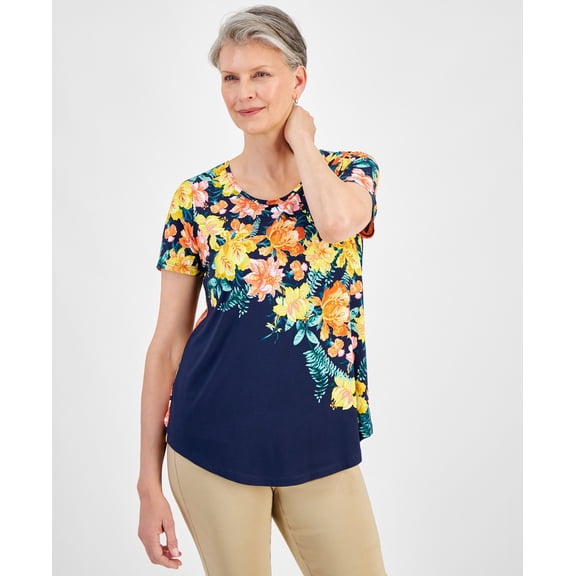 Petite Paradise Garden Scoop-Neck Top Intrepid Blue Combo PL