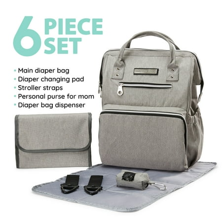 SoHo Collections, Wide Opening Designer Unisex Diaper Bag Backpack with Stroller Straps, 6 Piece Set (Light