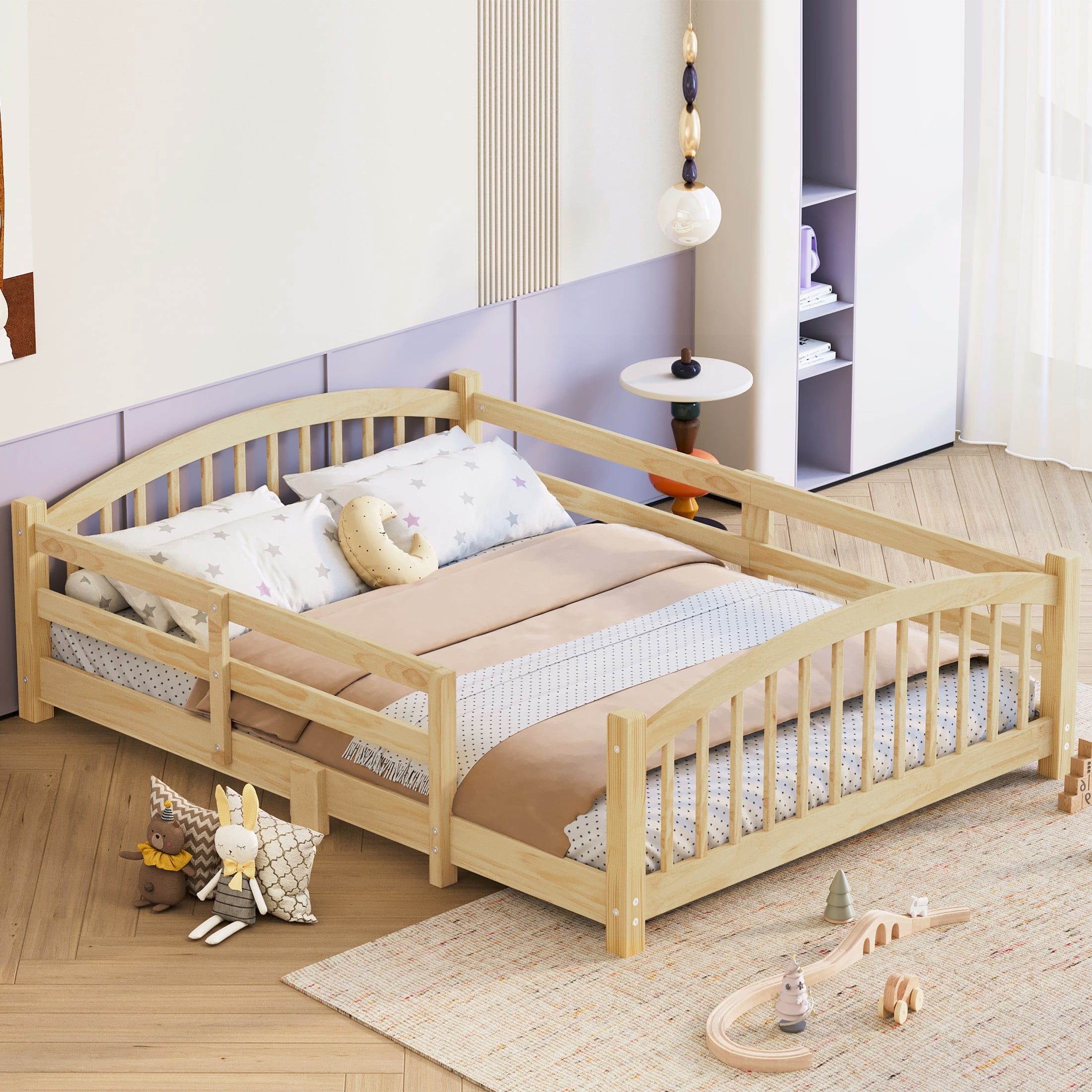 Noble House Full Floor Bed with Slats, Safety Guardrails, Solid Wood Frame, Natural