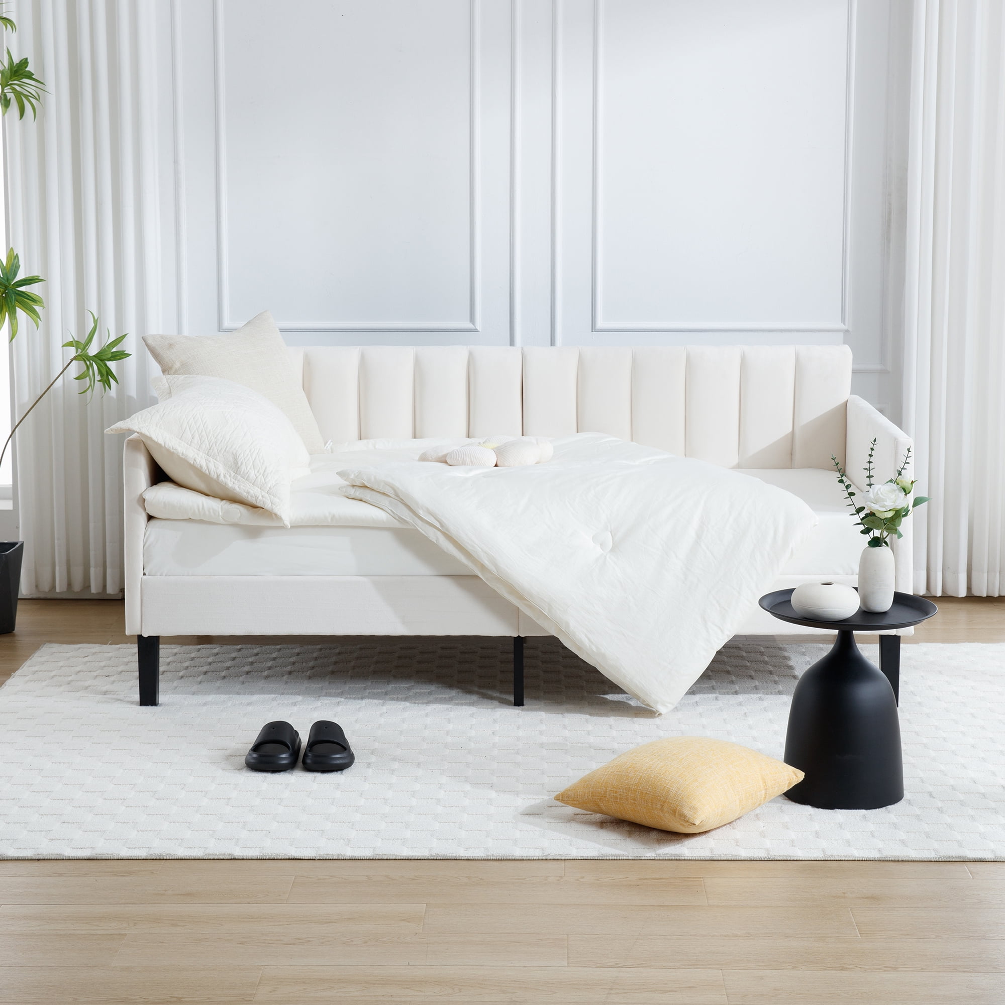 Miniyam Twin Size Beige Upholstered Daybed for Bedroom Living Room,Twin Daybed Frame with Wood Slat Support,No Spring Box Need