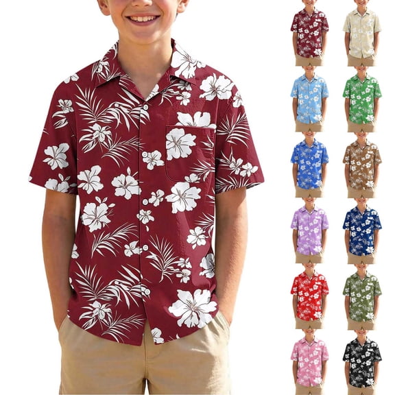 Rvasteizo Boys Short Sleeve T-Shirts Hawaiian Printed Lapel Soft Short Sleeve Shirt Top for Boys 3-15Years