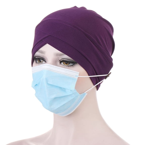 Women Turban Cap, Fashion Casual Solid Color Front Cross Design Beanie Bonnet Sleeping Cap Hair Care Cap with Button Headwear Head Wrap for Daily Wear