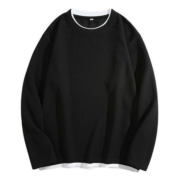 pstuiky camisetas de manga larga para hombre, Sudadera con capucha de dos piezas, manga larga, redonda, color liso, informal, para hombre top de hombre m