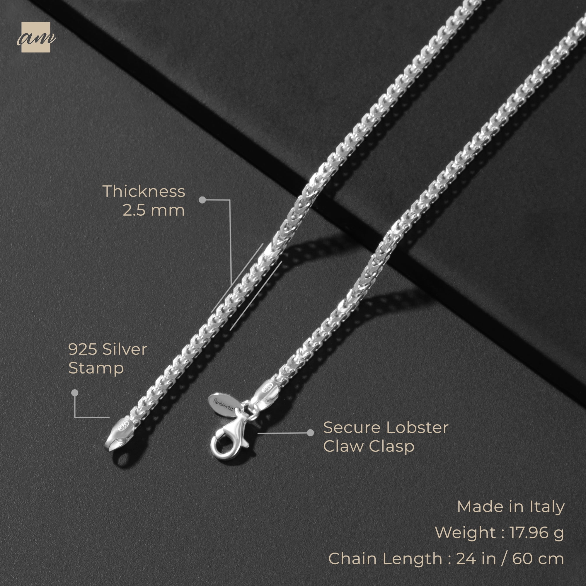 Amberta 925 Sterling Silver Necklace for Men - Franco Chain 2.5 mm: Mens Silver Chain Necklace 24 inch/ 60 cm