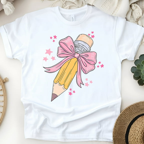 Cute Pencil with Pink Bow Teacher Shirt – Star Print Design, White, Size S