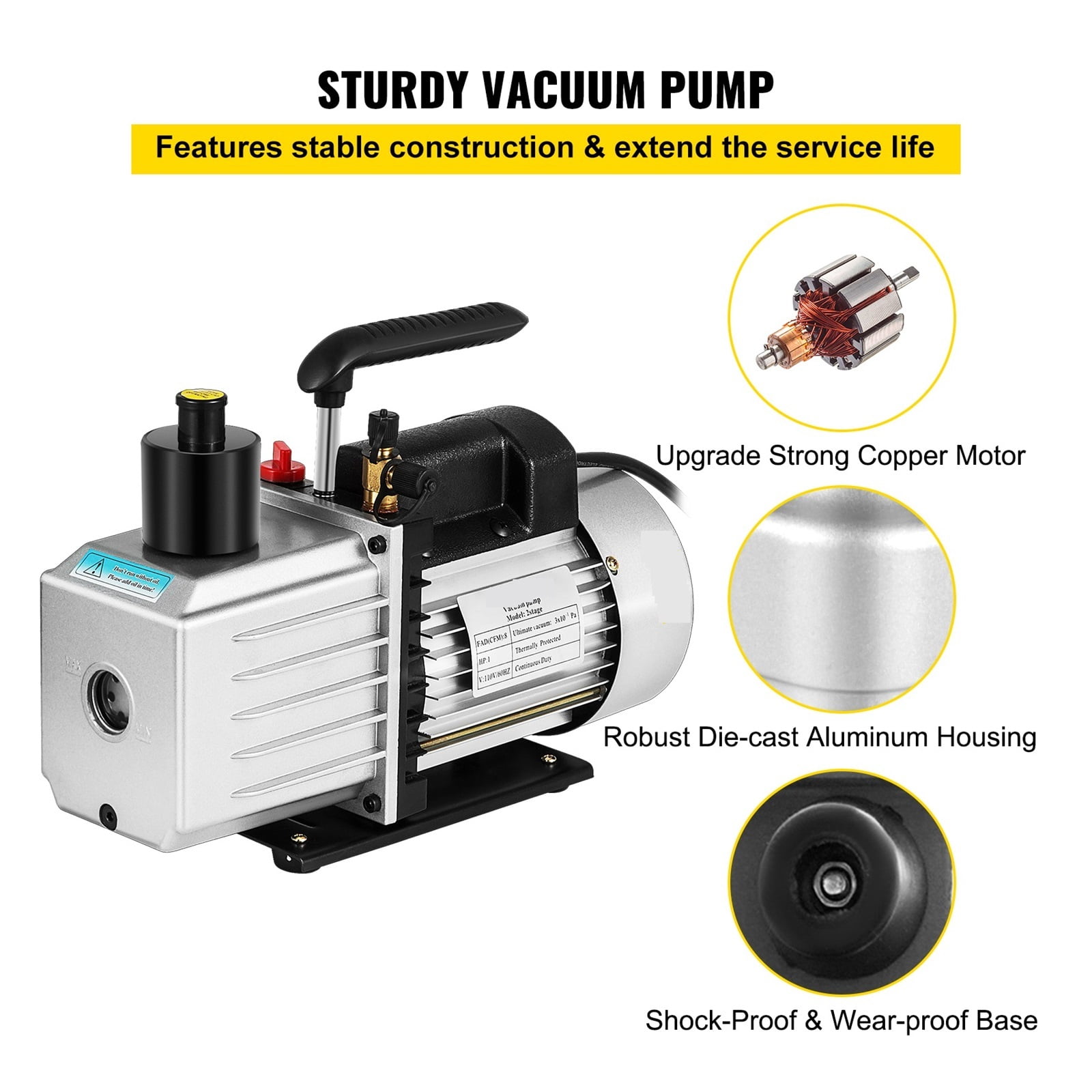 Vacuum Pump 1HP Two Stage HVAC Rotary Vane Degassing Processing Air Conditioning Auto AC Refrigerant Vacuum Pump 2-Stage ,Outstanding Oil Inlet System