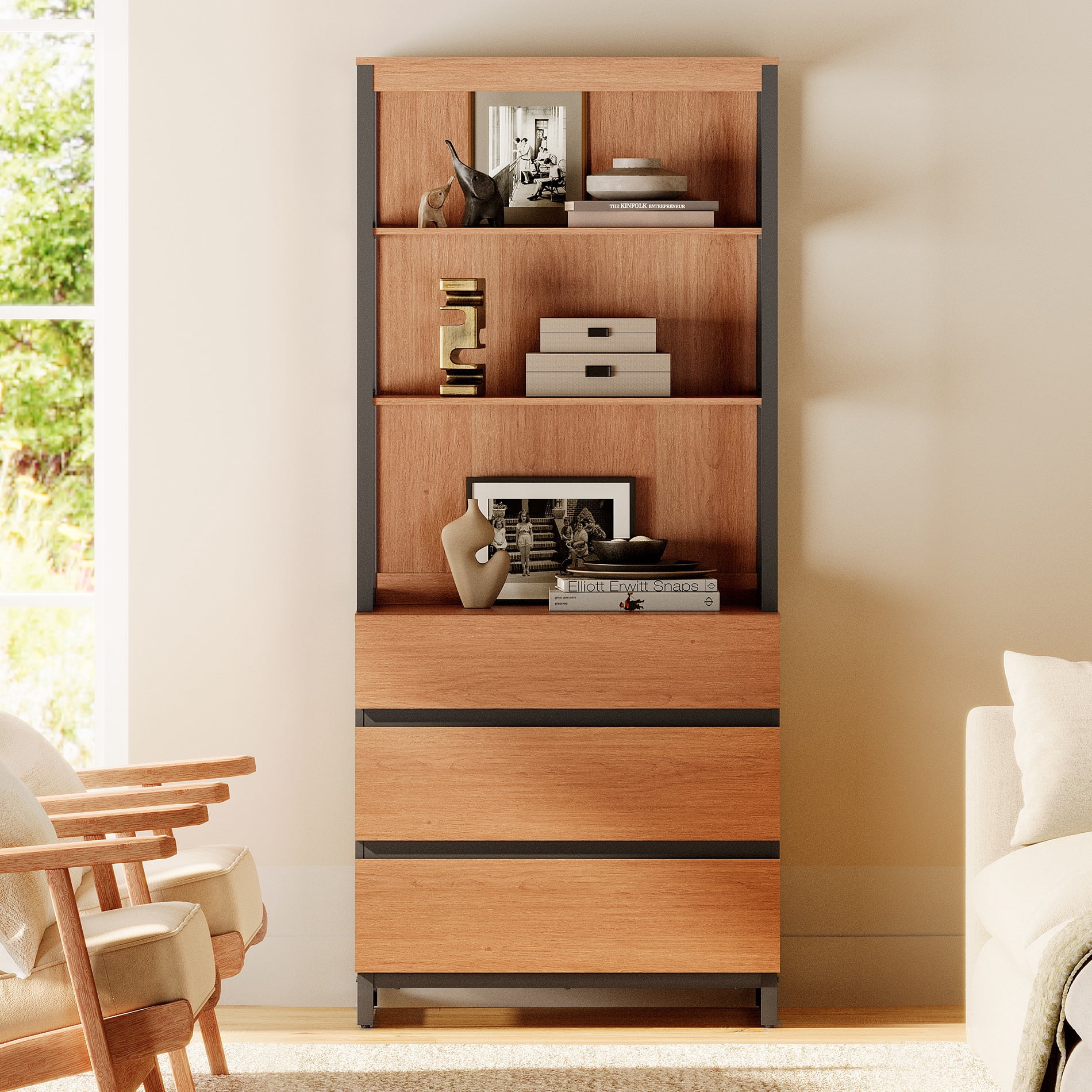 WAMPAT Modern 72" Tall Bookcase with 3 Drawers and Open Book Shelfs, Library Book Shelf with Storage Cabinet, Wood Freestanding Bookshelf for Home Office, Living Room, Mocha