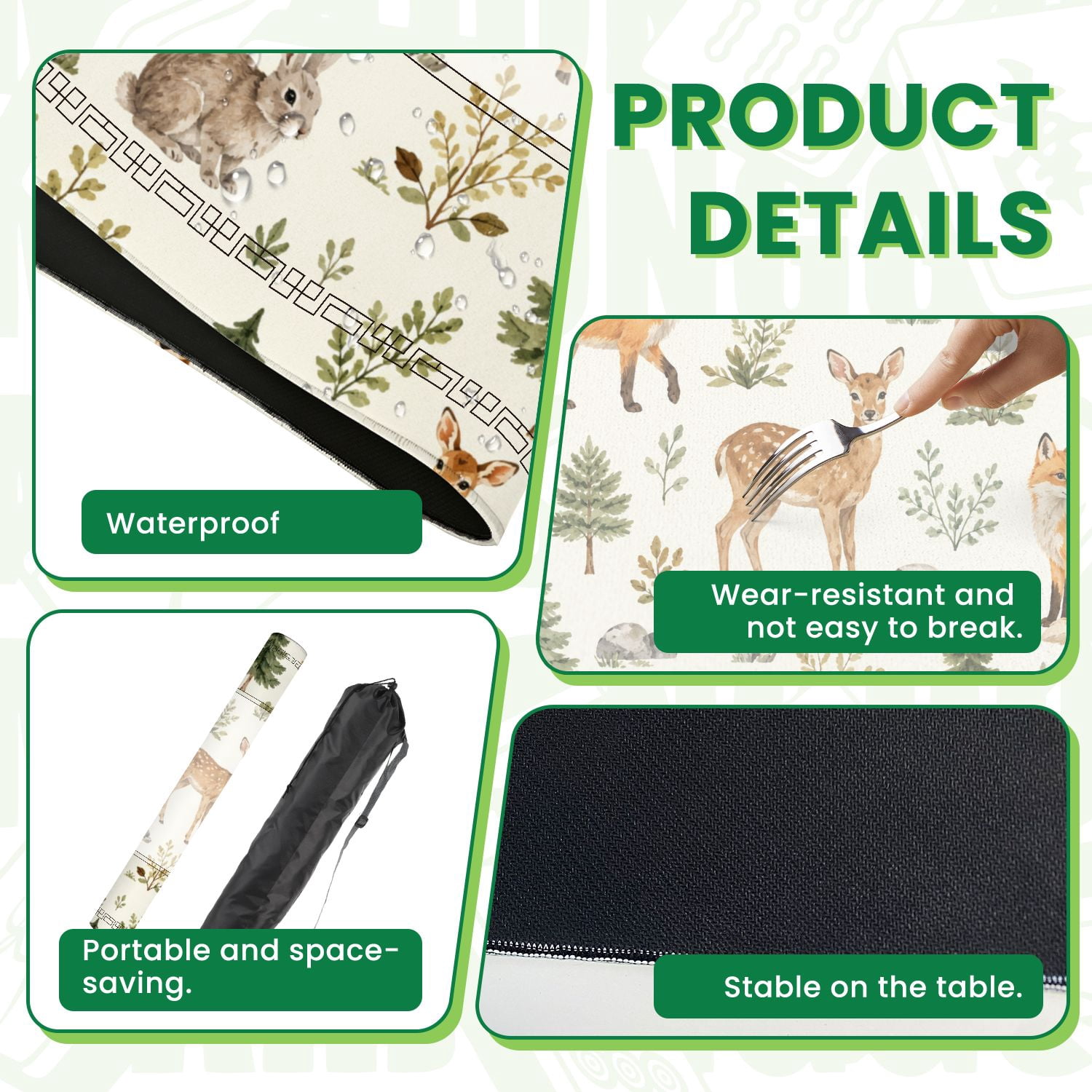 Mahjong Mat 31.5" x 31.5" Woodland Animals Wildflowers Watercolor Seamless Deer Rabbits Fox Non-Slip Noise Reduction American Mahjong Tiles Table Cover for Dominoes Poker Card Board Games Gift