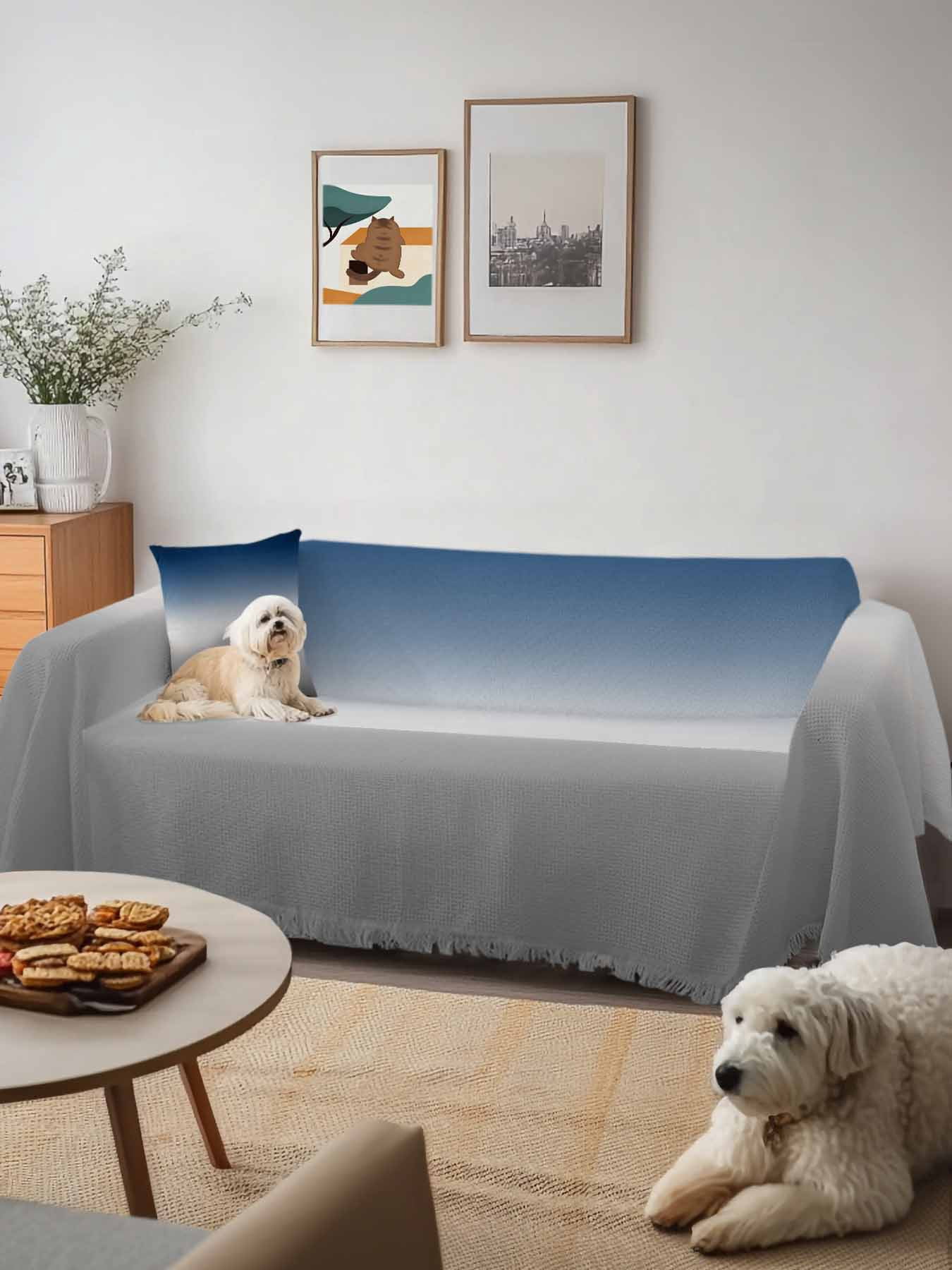 Navy Blue Gray Ombre Couch Cover, Modern Gradient Abstract Art Sofa Cover Blanket for 2 Seat Cushion, Sectional Sofa Slipcover Furniture Protector for Living Room Bedroom 71''x102''