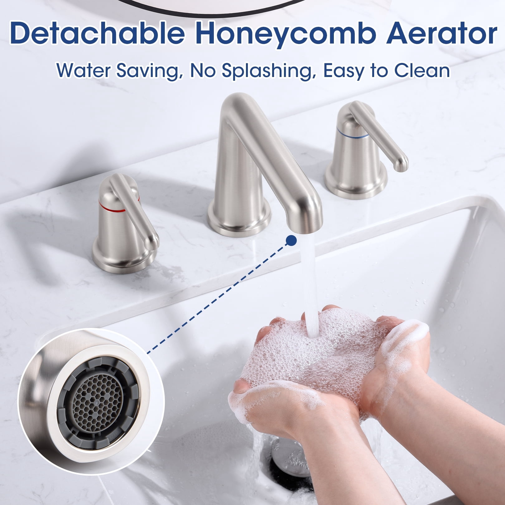 Wowkk 3 Hole Bathroom Faucet 2 Handle Widespread Bathroom Sink Faucet with Pop up Drain and Supply Lines, Brass Vanity Faucet for Rv Farmhouse Lavatory Restroom Sink, Brushed Nickel
