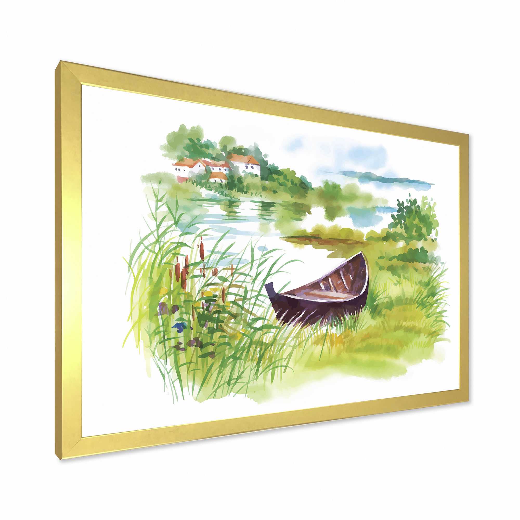 Designart 'Rural Green Landscape With Boat In Lake' Lake House Framed Art Print