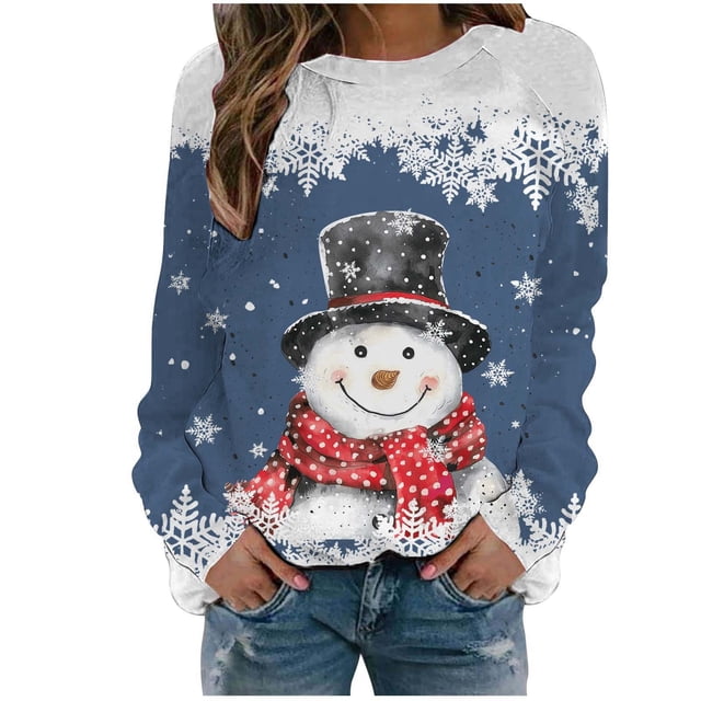 Kcodviy T-Shirts à Manches Longues Automne et Hiver pour Femmes Blouse Imprimée Flocon de Neige Bonhomme de Neige Col Rond Épaule Longue Décontractée Chandails en Molleton pour Femmes Manches Sport Décontracté