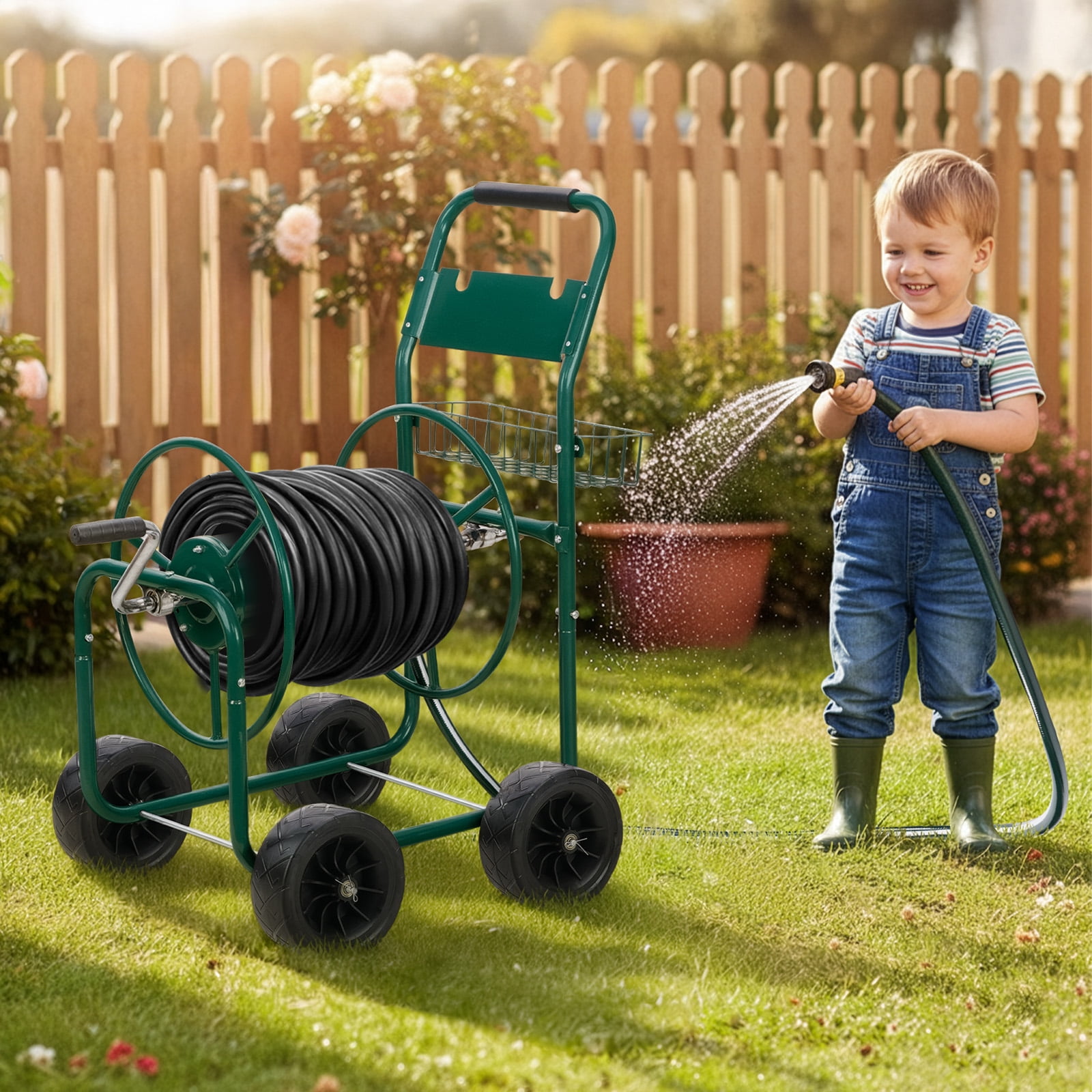 Ktaxon Heavy Duty 7.5in Steel Hose Reel Cart for Garden Outdoor Use, Large Capacity, Green