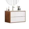 thumbnail image 2 of 32-Inch Wall-Mounted Bathroom Vanity With Sink Combo, Cabinet With Double Drawers,Soft-Close System,Ceramic Sink,Solid Wood,Easy to Install,Unique Handle-Free Design,Walnut+White, 2 of 24