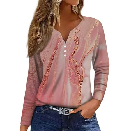 Womens Tops Summer Long Sleeve Button Down Vneck Shirt Flowy Casual Tunic Top Marble Pattern Oversized Graphic Tee Shirts Festival Outfits For Women Fall Basics Clothing Pink S