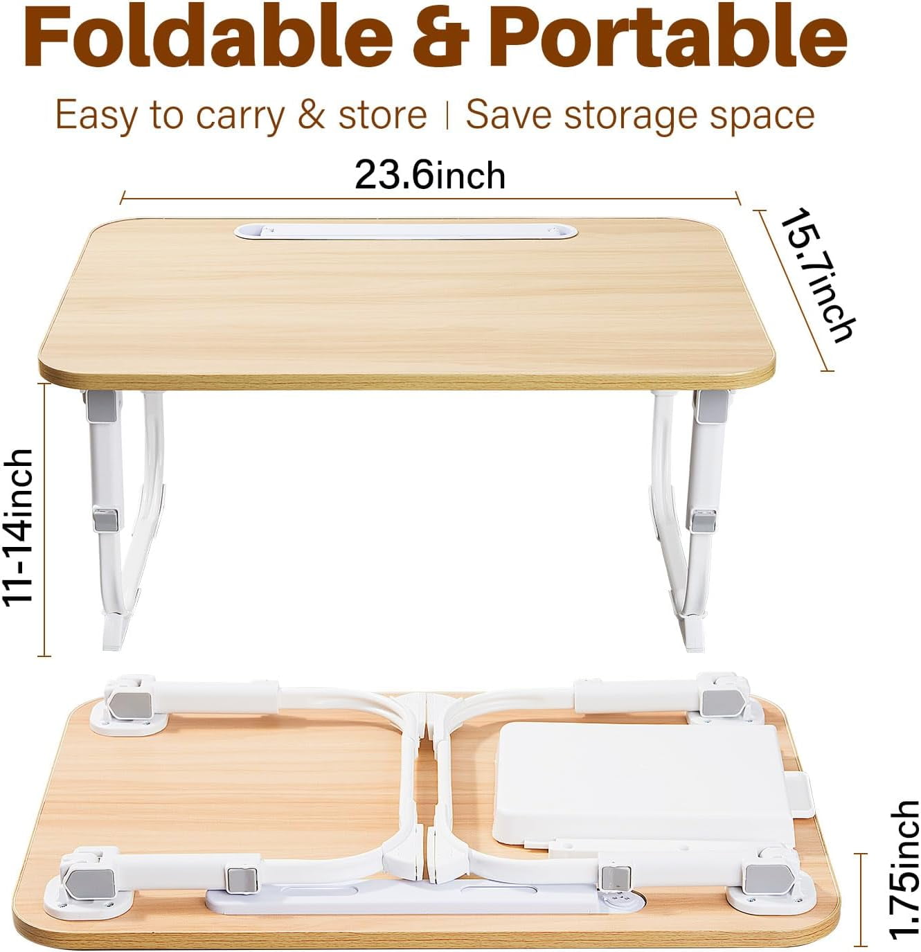 Laptop Deskfor Bed Lap Desk with LED Desk Light, Adjustable Tablet Bed Table with Foldable Legs Storage Drawer, Breakfast Serving Tray Folding Laptop Stand Reading Holder for Sofa Couch Floor (Maple)