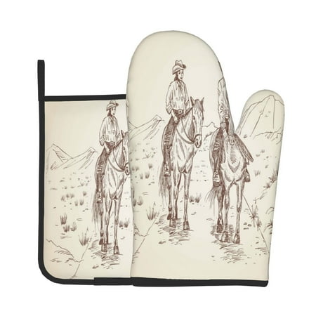

Xecao Cowboys Riding Horses In Desert Pattern Oven Mitts and Pot Holders Sets Heat Resistant Silicone Oven Mittens Extra Thicken Long Kitchen Cotton Oven Glove for Cooking