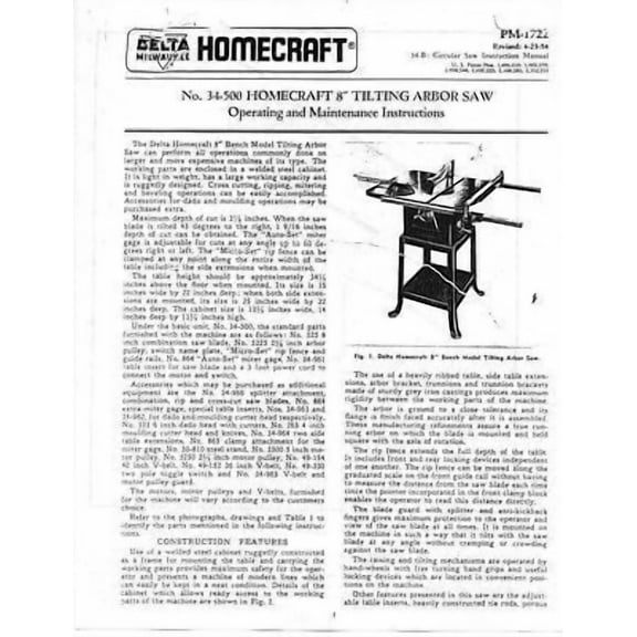 Delta Rockwell Homecraft 8" Tilting Arbor Saw No. 34-500 Instructions REPRINT