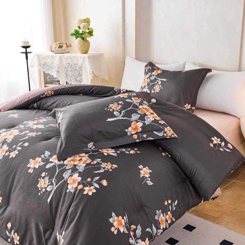 Koniroom 3Pcs Dark Grey Floral Comforter Set Queen Size – Reversible Blossom Bedding with Orange Flower Blooms, Modern Glam