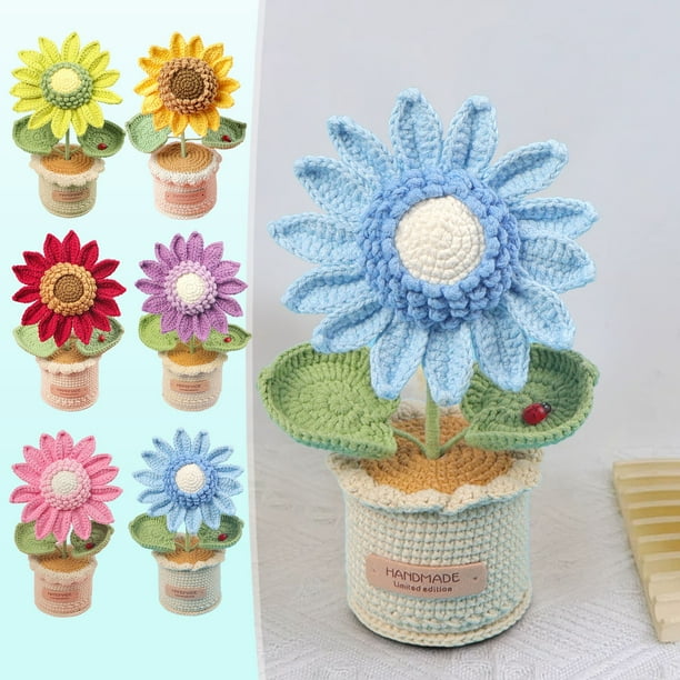 Decoración de maceta de girasol de ganchillo | Arreglo artificial tejido de lana hecho a mano | Gran Color amarillo para el salpicadero del coche, la casa y la mesa de oficina | Regalo decorativo de