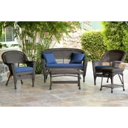 5-Piece Espresso Wicker Patio Chair, Loveseat & Table Furniture Set Blue Cushions by CC Outdoor Living
