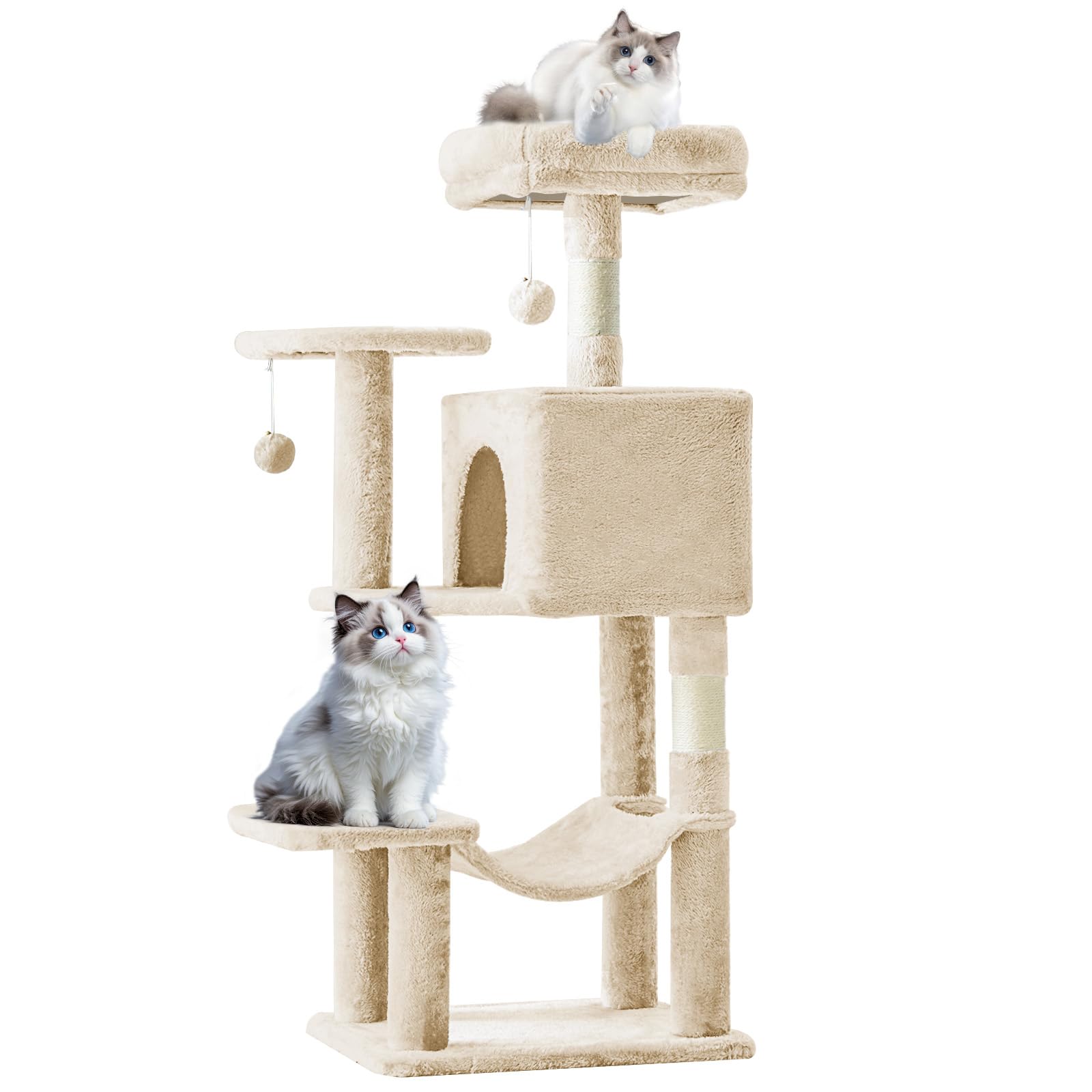 Atilioo 44 inch Cat Tree, Multi-Level Indoor Cat Tower with Condo, Hammock, Sisal Scratching Posts, Anti-Tip Bolts for Indoor Cats, Beige