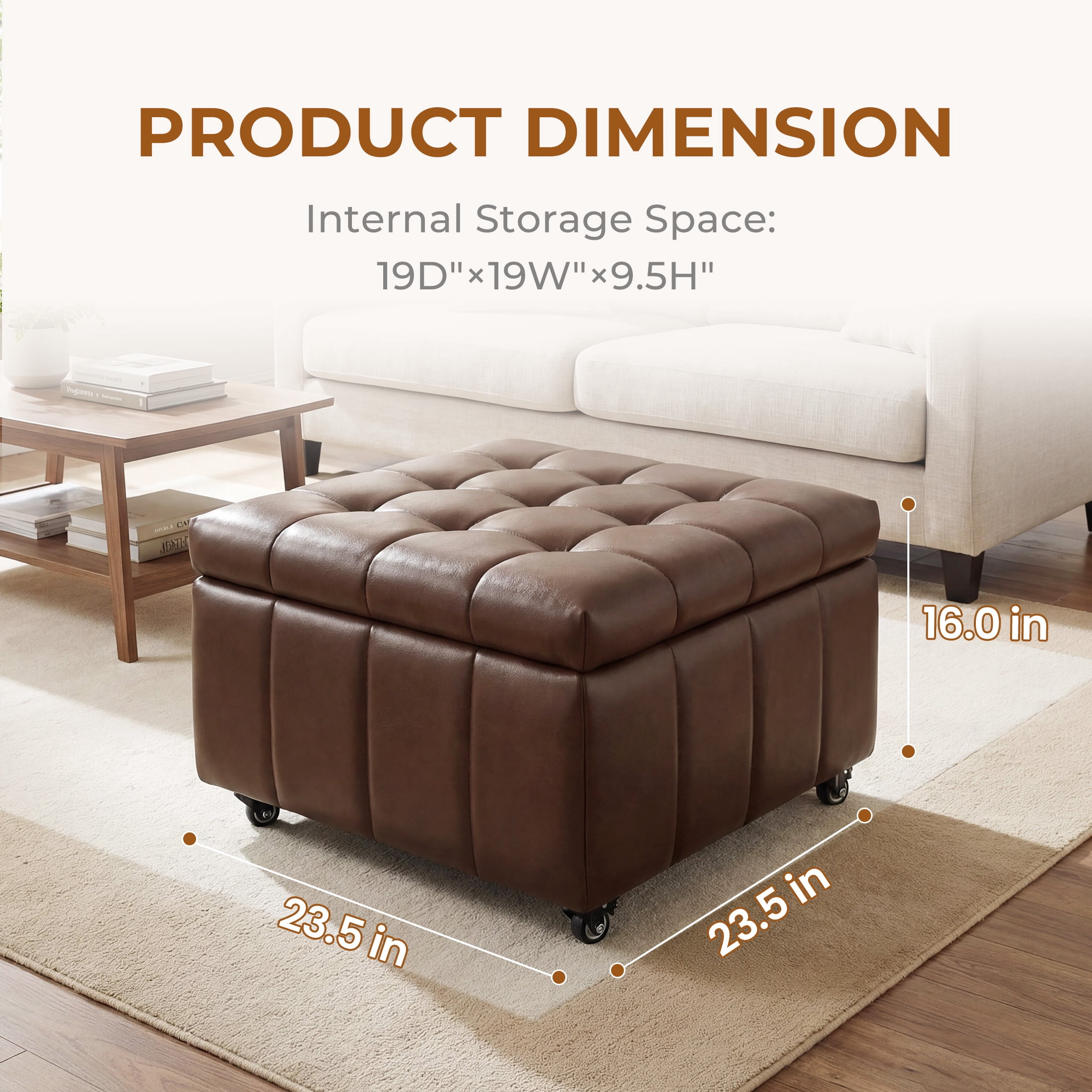 Poshby Square Faux Leather Storage Ottoman, Coffee Table Footrest Stool with Pulley Legs for Living Room or Bedroom, Dark Brown