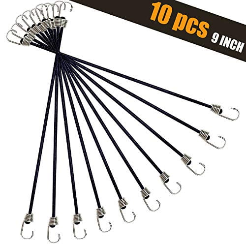 10 Pack Mini Bungee Cords with Hooks, 9 Inch Rubber Stretchy Bungee