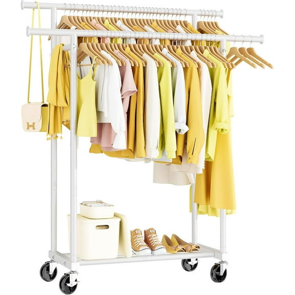 Double Rods Clothes Rack, Rolling Clothing Rack for Hanging Clothes Portable Wardrobe Rack, Metal Garment Rack Sturdy Coat Rack for Bedroom Laundry Living Room, White
