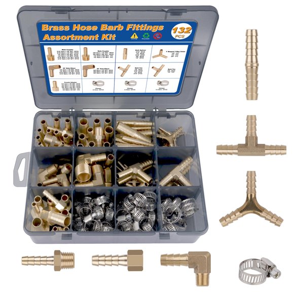 KOOTANS 132pcs Brass Hose Barb Fittings Assortment Kit Barb Splicer, Male Coupler, Female Adapter, 90° Male Elbow, Tee, Y Shaped Union Air Hose Fittings with Clam
