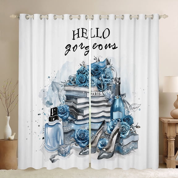 Manfei Girl Perfume High Heels Black Out Curtains,Watercolor Splashing Ink Curtains Pack of 2 (42x63 Each),Blue Flower Floral Bedroom Curtains For Girls Kids,Microfiber Bedroom Decor