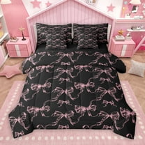 Manfei Kawaii Bowknot Bowtie 7-Piece Twin Bedding Sets,Cartoon Loves Pattern Bedding Comforter Set,Pink Black Sheet Sets For Girl,Breathable Home Decor Reversible