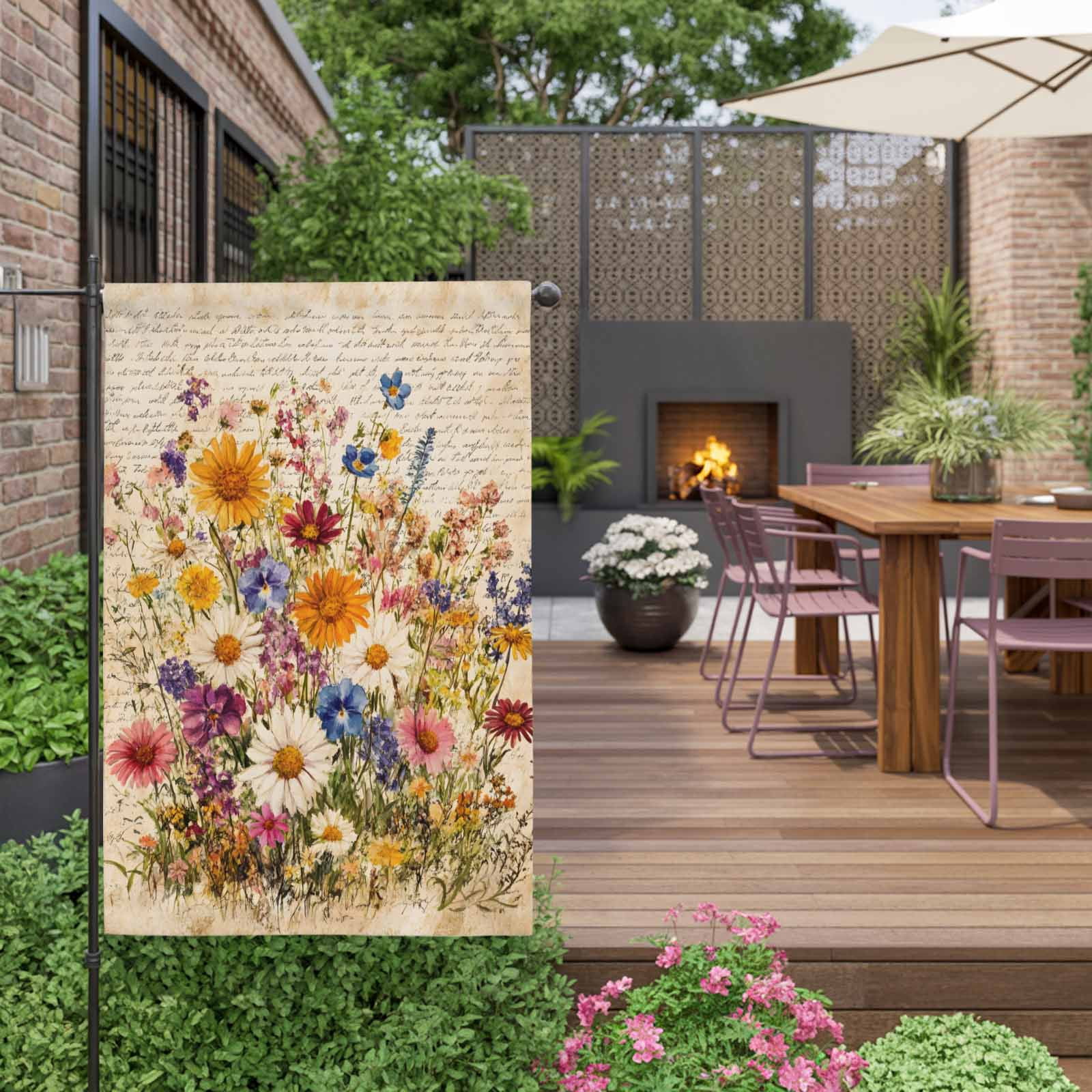 Spring Florals House Flags For Outdoor, Rustic Watercolor Colorful Floral Newspaper Texture Small Double Side Yard Flags Weather Proof House Decor for Lawn Outside Holiday 28 x 40 Inches