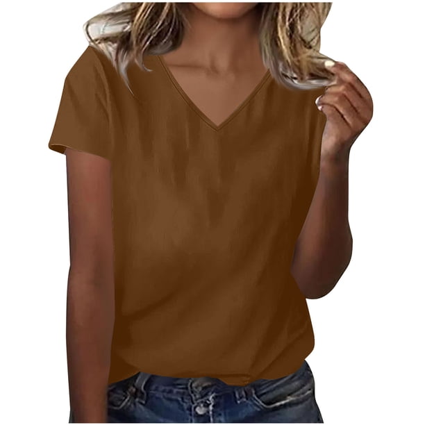Blusas de Manga Corta para las Mujeres Verano Color Sólido V-Cuello Blusa de Manga Corta, Poliéster Casual Top para las Mujeres, Lavado a Mano Toda la Temporada