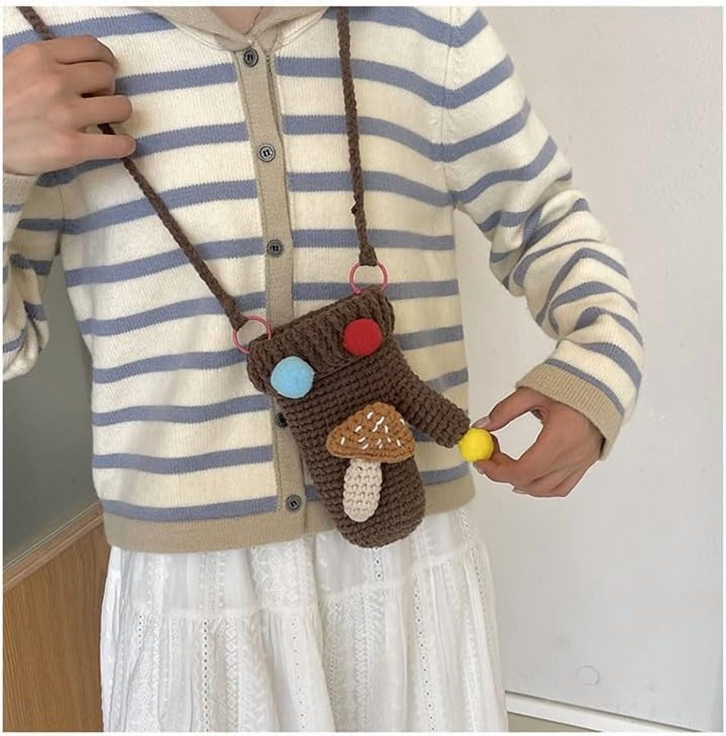 JennyShop Women Knitted Glove Shaped Crossbody Bag Pretty Shoulder Bag Crochet Cell Phone Bag with Mushroom Decoration