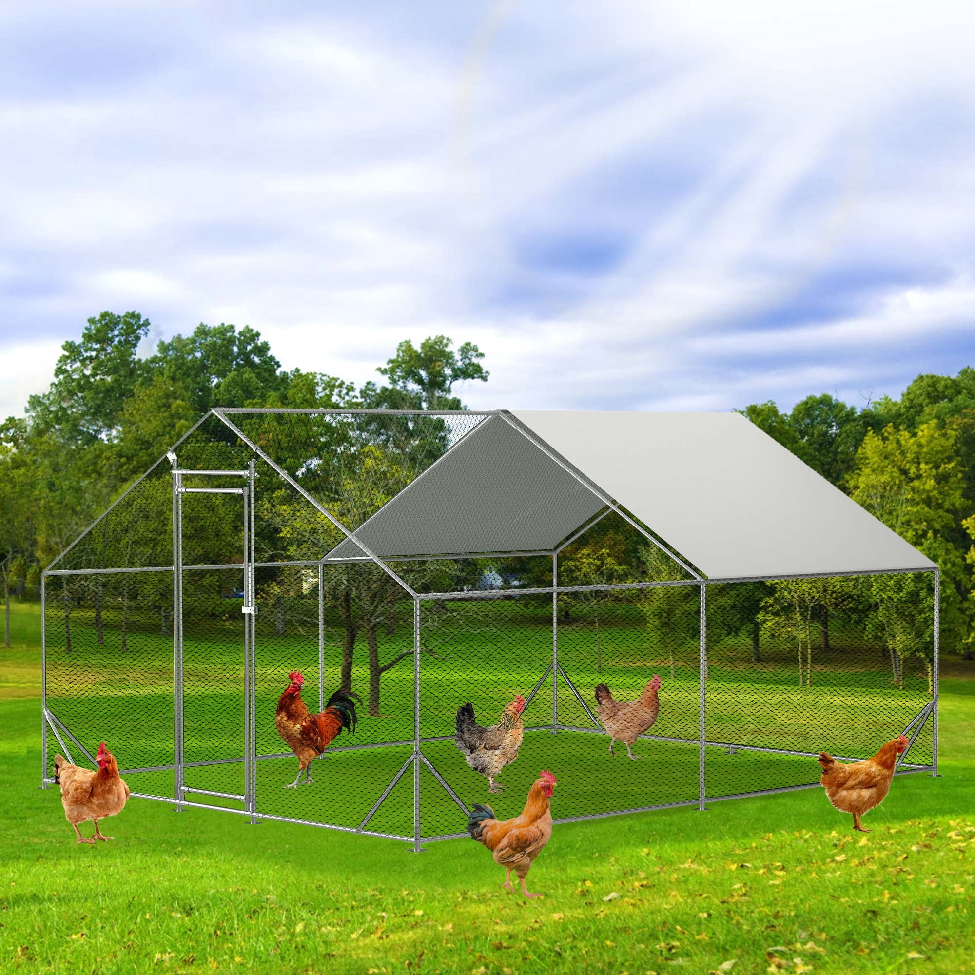 Aukfa Chicken Coop, 13 ft Large Chicken Run Cage Outdoor, Heavy Duty Spire Shaped Metal Frame, Silver