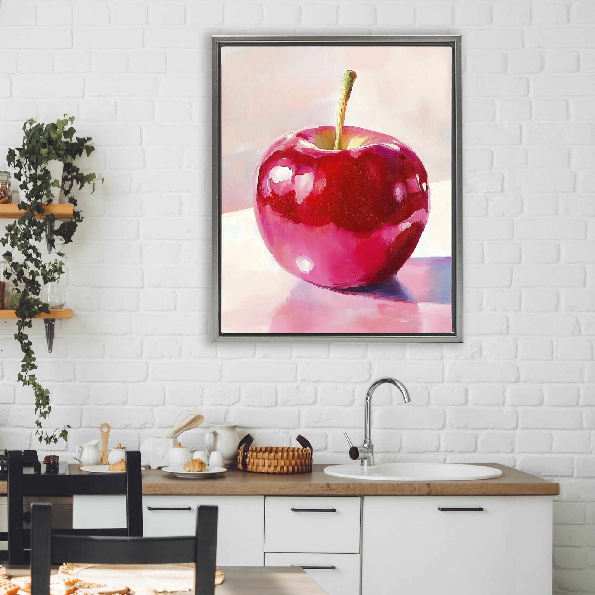 Stupell Industries Shiny Red Apple Reflection Gray Framed Floater Canvas Wall Art, design by The Prints Vibe