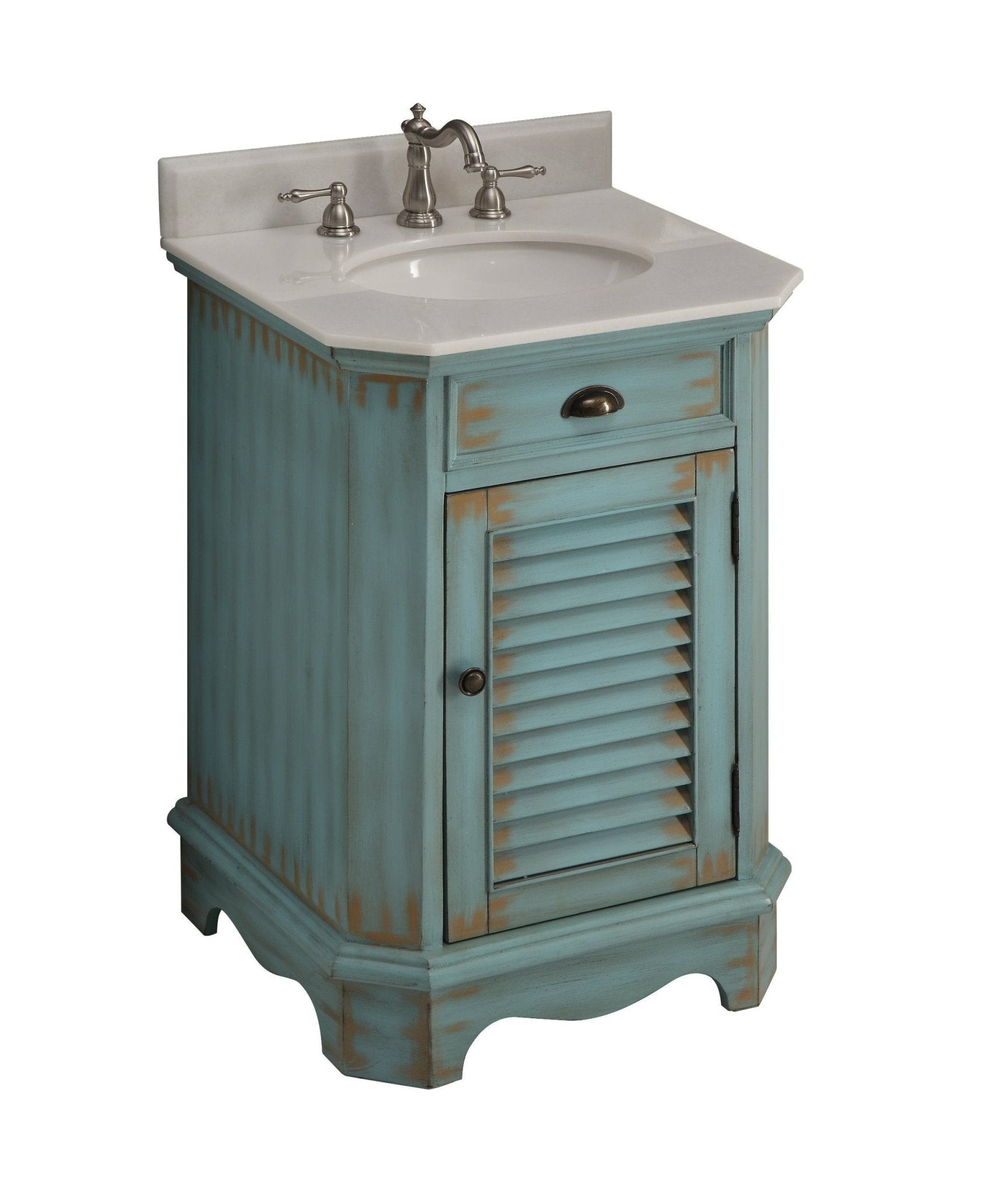 Benton Collection 24" Distressed Blue Bathroom Vanity with White Marble Top