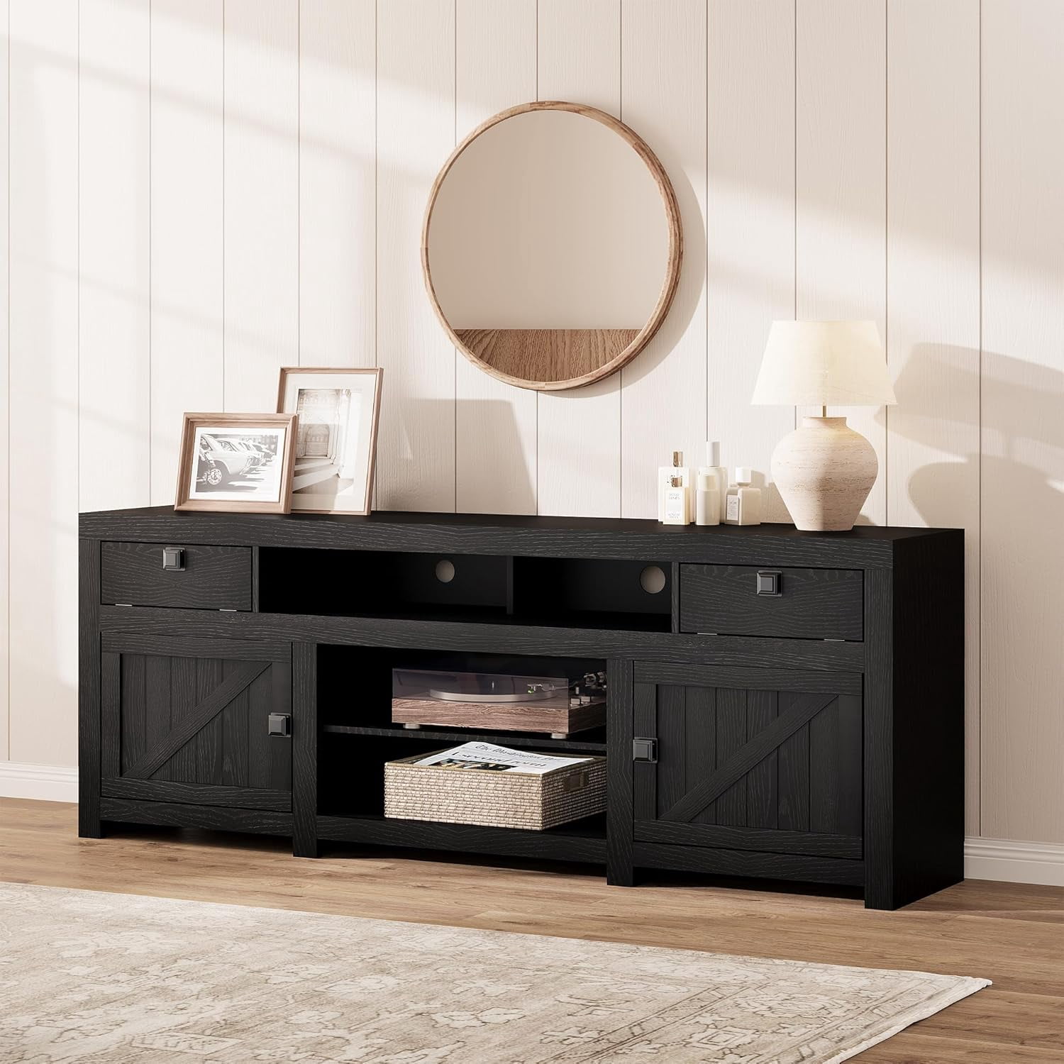 Garvee Farmhouse Wooden TV Stand for 75 Inch TV, 70" Long Entertainment Center with 4 Door and 2 Open Storage Spaces, Rustic TV Stand for Living Room, Bedroom