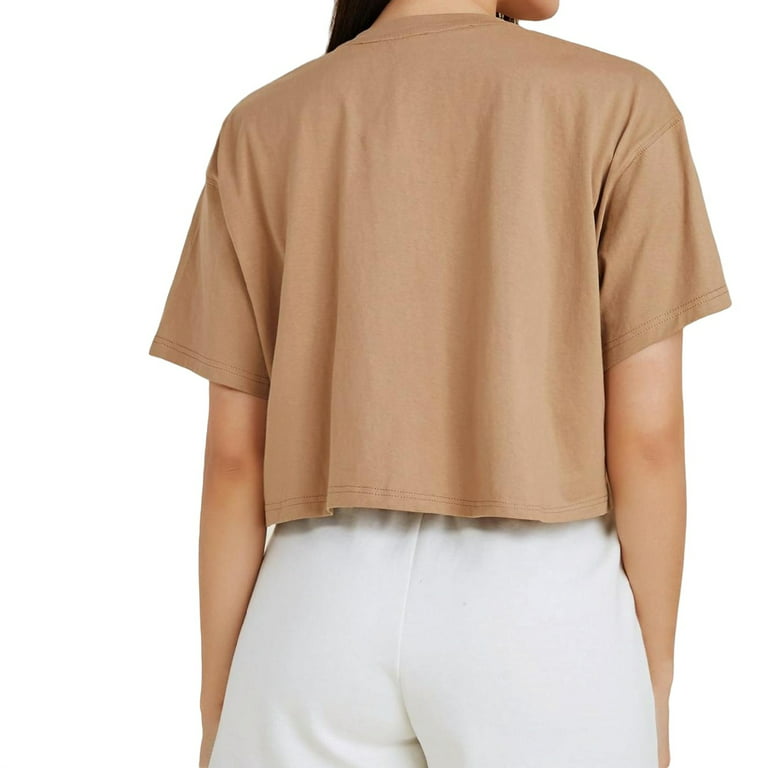 Womens T-Shirts Casual Solid Tee S Neck Round Camel