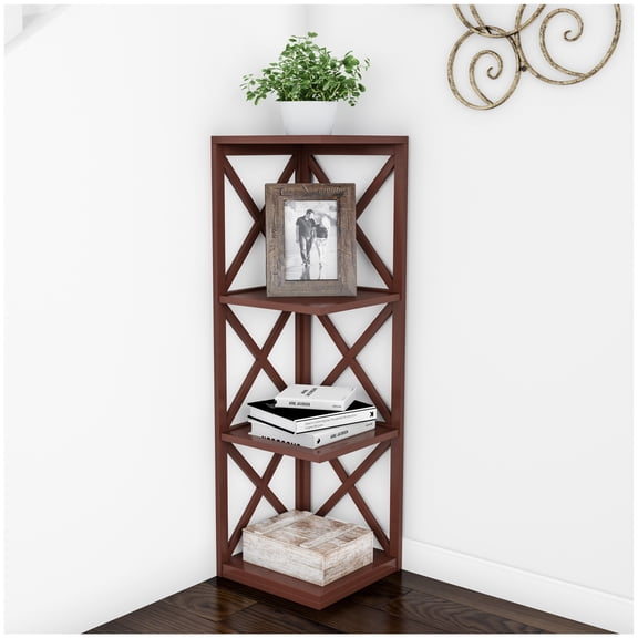 Lavish Home 4-Shelf Corner Bookcase, Open Criss-Cross Style for Decoration Storage (Brown)
