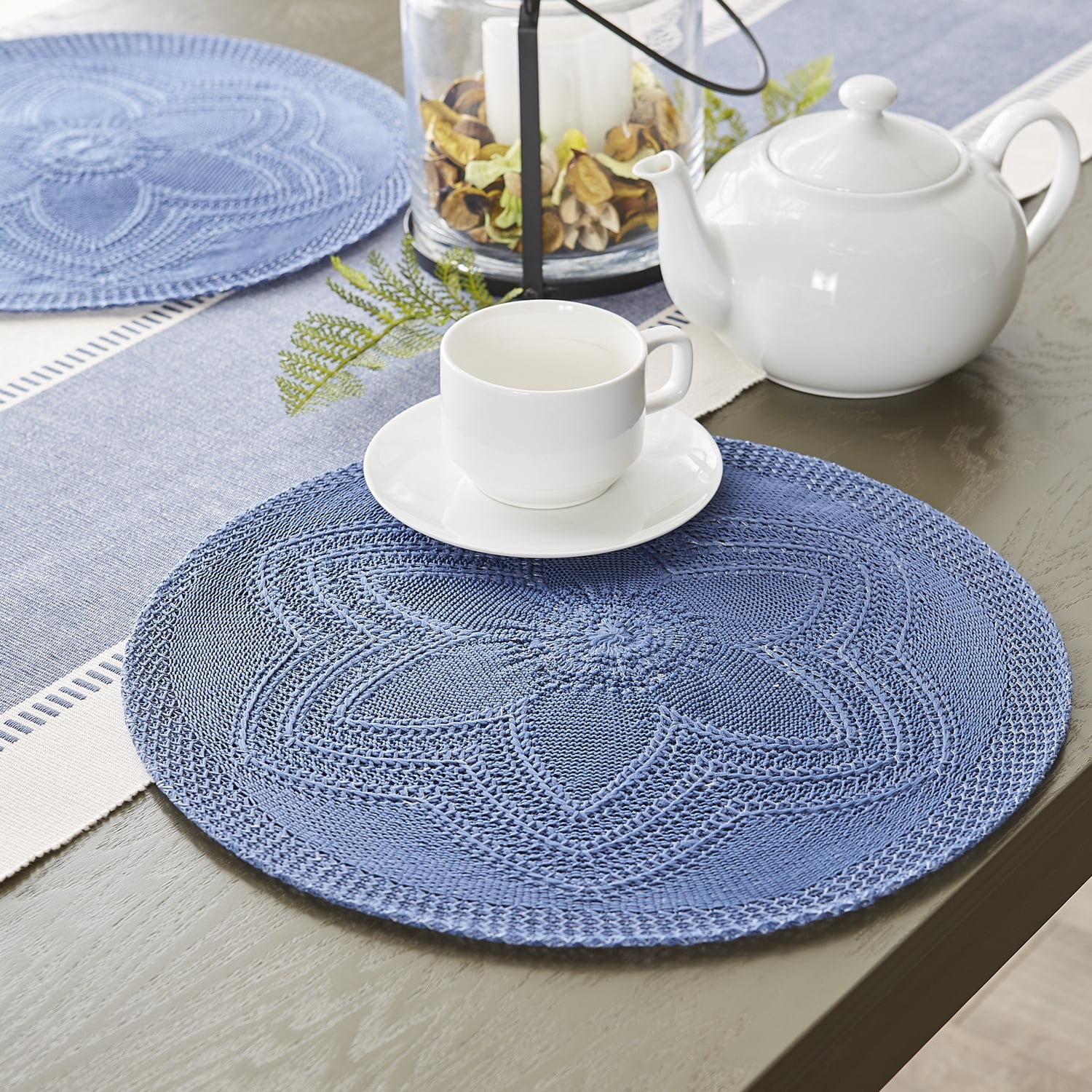 French Blue Floral Woven Round Placemat Set/6
