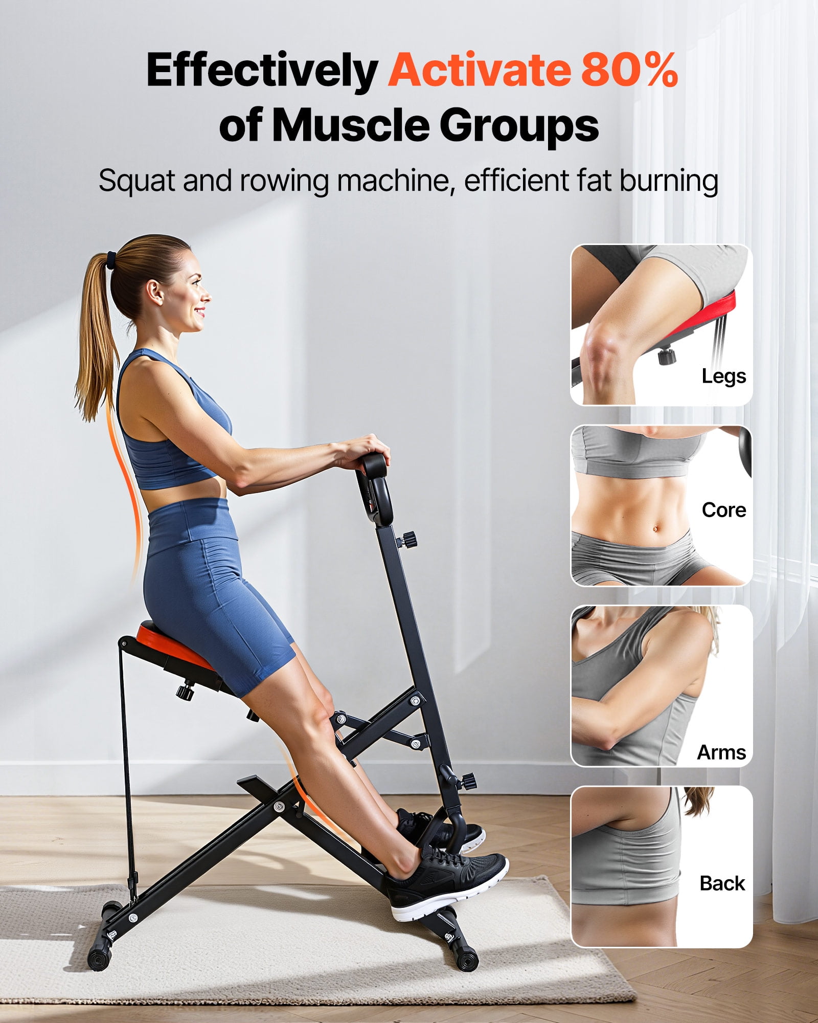 VEVOR Squat Machine, Deep Squat Rowing Machine for Home, Easy Setup & Foldable Exercise Equipment, Glute Trainer Machine with 3 High-Strength Resistance Bands, Glutes & Leg Home Workout Machine,Black