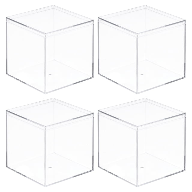 Uxcell 4Pcs Caja de Almacenamiento de Plástico Acrílico Transparente Cuadrada con Tapa para Pequeños Artículos 3.74x3.74x3.74"
