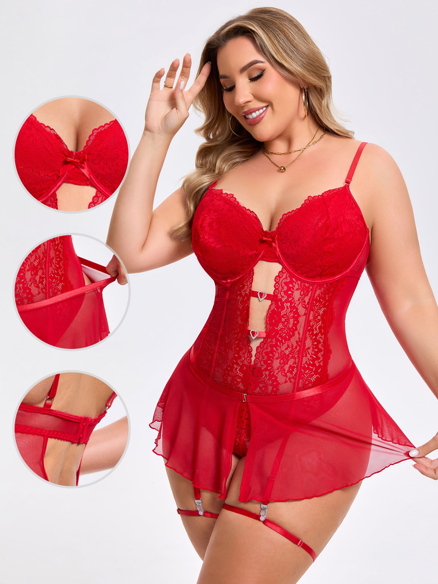 DARING DIVA Women's Cut Out Skirt Bodysuit Underwired Lingerie Set 2XL Red